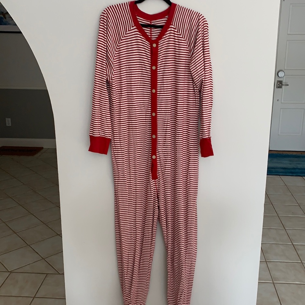 Burt’s Bees adult M onesie candy cane striped